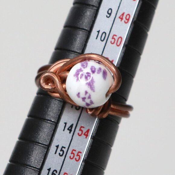 Handmade Copper Wire Wrapped Ceramic Beaded Ring - Boho Gemstone Jewelry - Picture 5 of 7